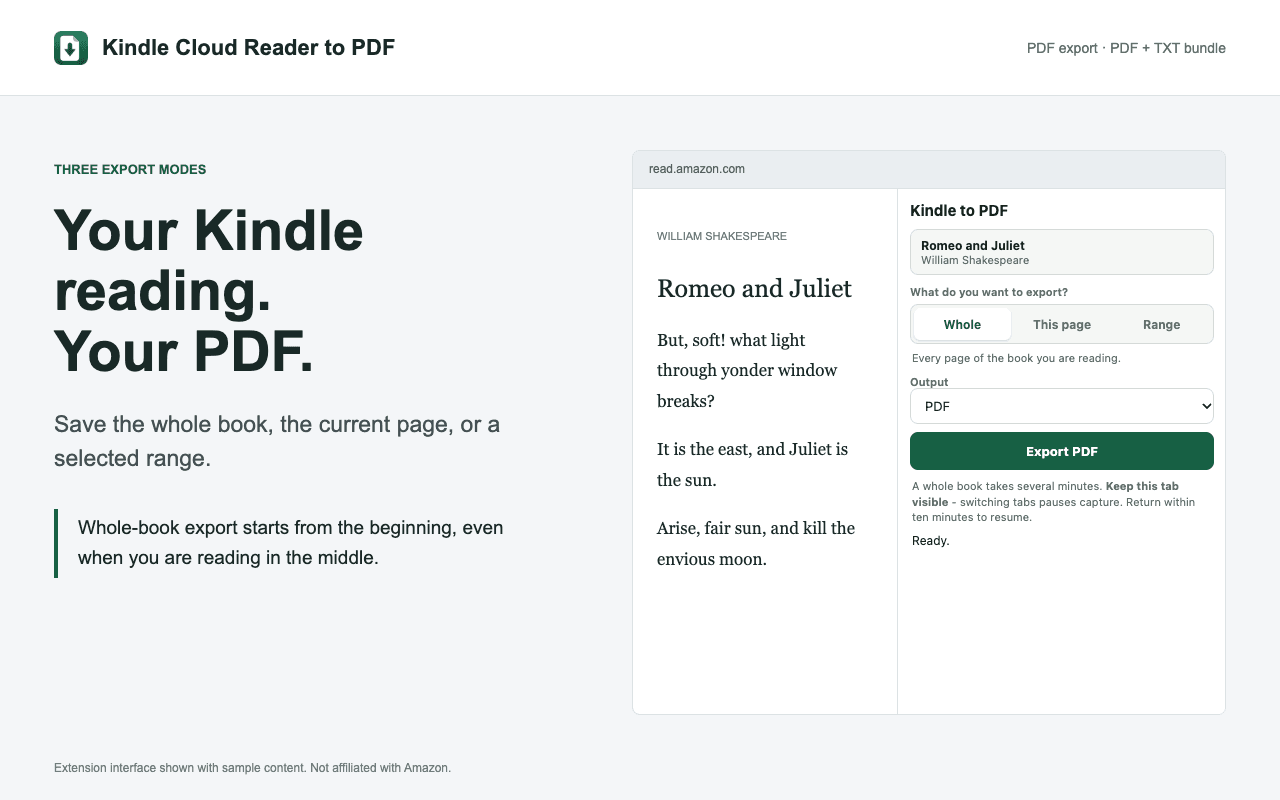 Kindle to PDF 0.21.0: Whole book, current page, or range