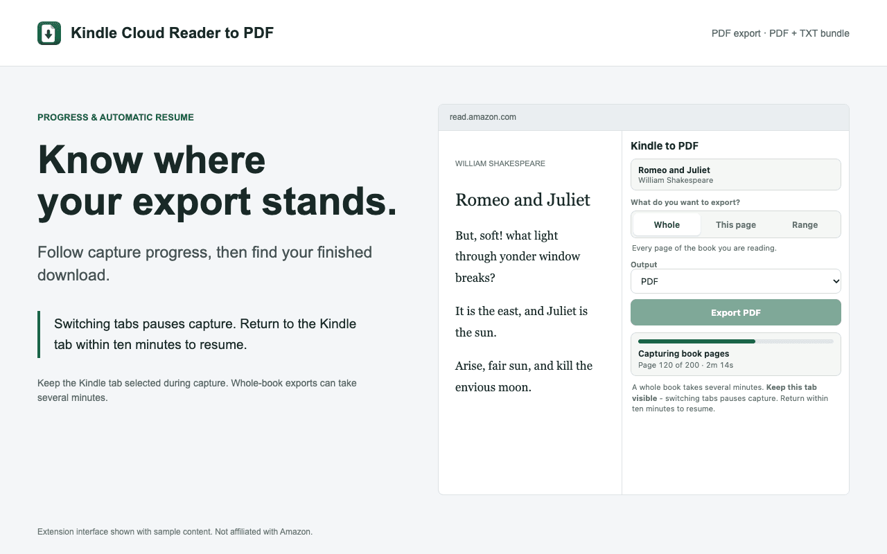 Kindle to PDF 0.21.0: Capture progress and automatic resume