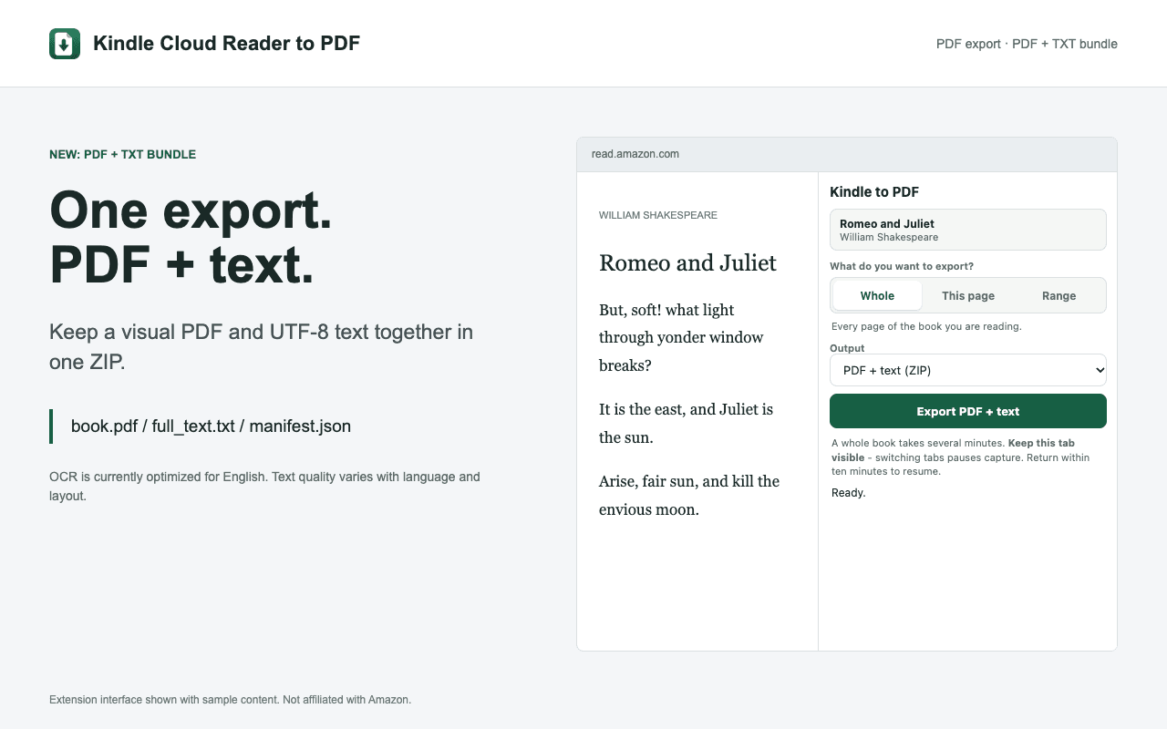Kindle to PDF interface: Kindle to text, with a PDF alongside it